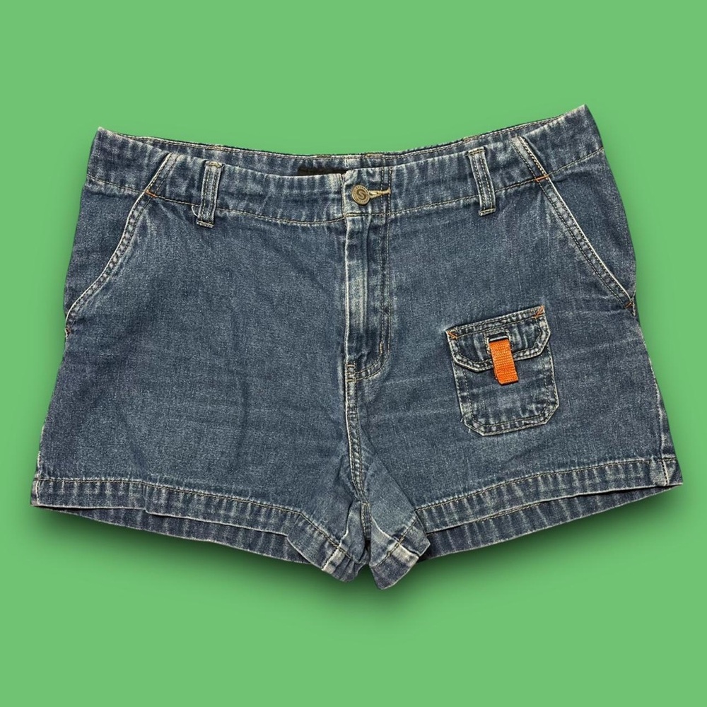 Vintage Squeeze Denim Mini Cargo Shorts Size 9/10 32” Waist Retro Gorpcore